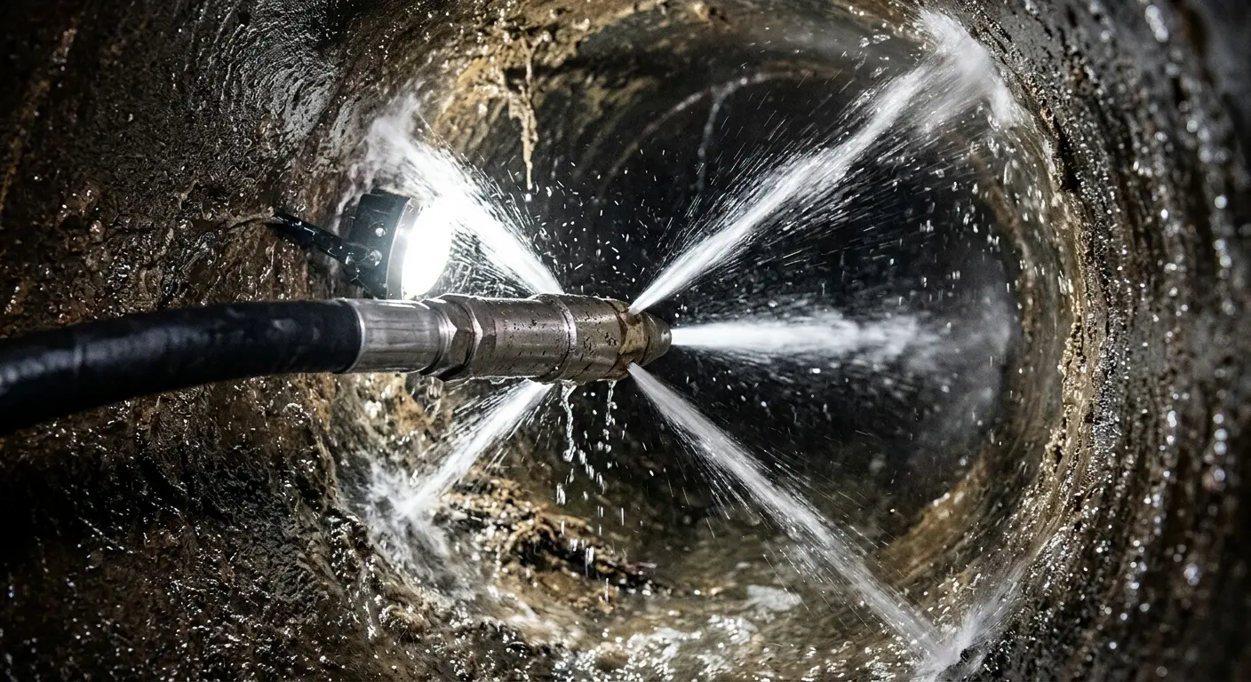 High-pressure hydro jetting nozzle cleaning sewer pipe for Sewer Cleanout in Gulfport