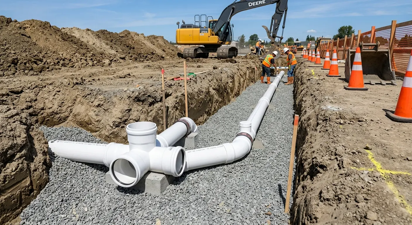 New PVC sewer pipe installation in open trench for Sewer Backup in Gulfport