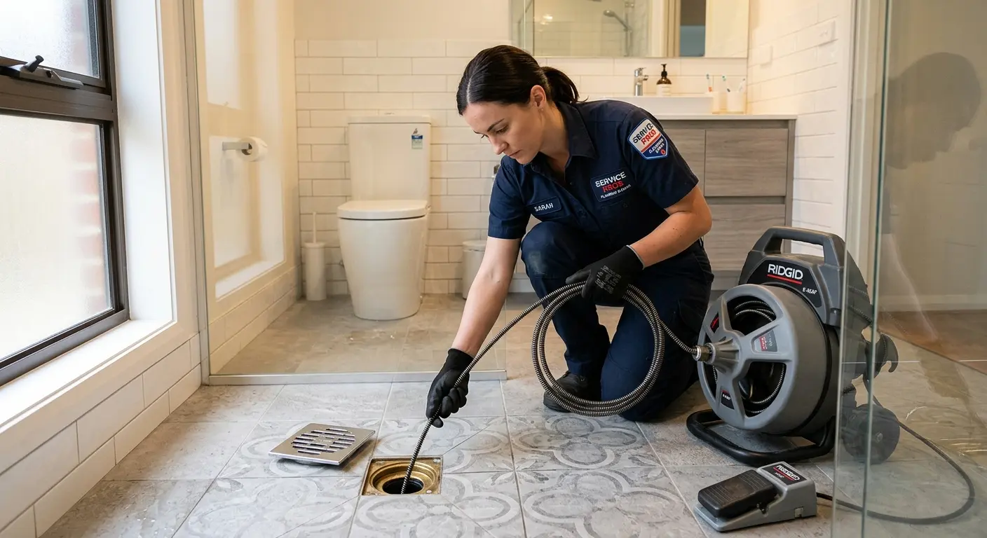 Technician clearing a bathroom floor drain for Drain Cleaning in Gulfport